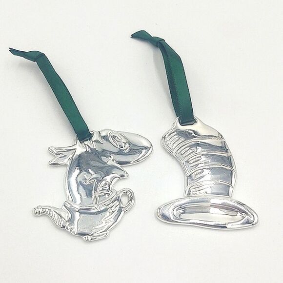 Set of 2 Dr. Seuss Cat in the Hat Silver Metal Character Holiday Ornamen… - Picture 1 of 8